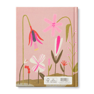 Back view of the book. The cover is an extension of the front cover with a pink background and an illustration of wild flowers.