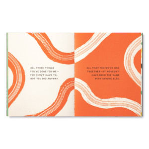Inside spread from "You Are Something Spectacular" has a red pattern design. The page copy reads, "All those things you've done for me - you didn't have to, but you did anyway. All that fun we've had together - it wouldn't have been the same with anyone else."