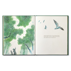 Inside spread from "Noticing" a children's illustrated book by Kobi Yamada and Elise Hurst. The illustration features a child with her mentor artist and they're walking through a forest looking up at a forest of trees and birds flying above. The copy on the page reads, "I always looked forward to my visits with the painter. I had to admit, as much as I couldn't wait to see her, I also couldn't wait to see what she saw."