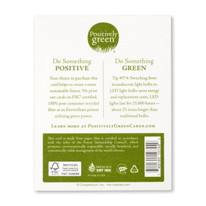 The back of the card includes the Positively Green logo, a green tip, and our promise to help create a more sustainable future. Each card is printed in the USA with FSC-certified, 100% post-consumer recycled fiber at an EnviroStars printer utilizing green power.