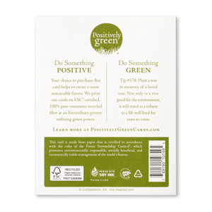The back of the card includes the Positively Green logo, a green tip, and our promise to help create a more sustainable future. Each card is printed in the USA with FSC-certified, 100% post-consumer recycled fiber at an EnviroStars printer utilizing green power.