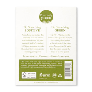 The back of the card includes the Positively Green logo, a green tip, and our promise to help create a more sustainable future. Each card is printed in the USA with FSC-certified, 100% post-consumer recycled fiber at an EnviroStars printer utilizing green power.
