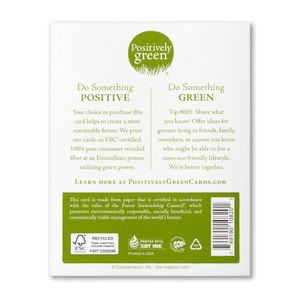 The back of the card includes the Positively Green logo, a green tip, and our promise to help create a more sustainable future. Each card is printed in the USA with FSC-certified, 100% post-consumer recycled fiber at an EnviroStars printer utilizing green power.