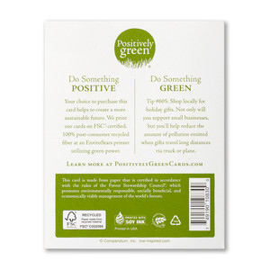 The back of the card includes the Positively Green logo, a green tip, and our promise to help create a more sustainable future. Each card is printed in the USA with FSC-certified, 100% post-consumer recycled fiber at an EnviroStars printer utilizing green power.