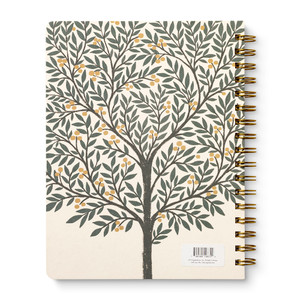 This image shows the back cover of a spiral notebook. The journal design has a tree filled in with green leaves and gold foiled golden berries, the background color is cream. 