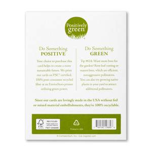 The back of the card includes the Positively Green logo, a green tip, and our promise to help create a more sustainable future. Each card is printed in the USA with FSC-certified, 100% post-consumer recycled fiber at an EnviroStars printer utilizing green power.