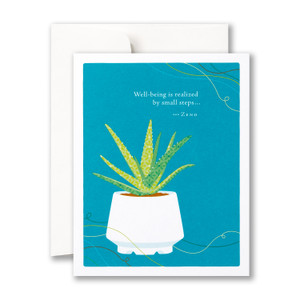 Image shows an envelope and the front of a get well card. Illustration by Jessica Phoenix features a blue-green background with a succulent plant in a white pot and the quote "Well-being is realized by small steps... -Zeno