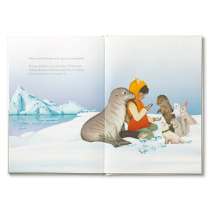 Inside spread from "Why Not" a children's illustrated book  by Kobi Yamada and Gabriella Barouch that shows a child surrounded by arctic animals looking at icicle gems.