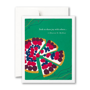 This image shows a thank you card with envelope. The card is illustrated by Jessica Phoenix and features a fruit tart topped with blackberries, raspberries and blueberries on a green background, and the quote "Seek to share joy with others..." -David O. McKay