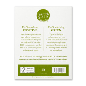 The back of the card includes the Positively Green logo, a green tip, and our promise to help create a more sustainable future. Each card is printed in the USA with FSC-certified, 100% post-consumer recycled fiber at an EnviroStars printer utilizing green power.