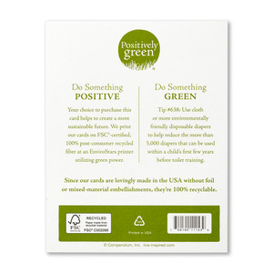 The back of the card includes the Positively Green logo, a green tip, and our promise to help create a more sustainable future. Each card is printed in the USA with FSC-certified, 100% post-consumer recycled fiber at an EnviroStars printer utilizing green power.