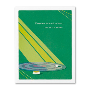 The front of this pet sympathy card features an illustration by Jessica Phoenix and has rays of sunlight shining on a pet's bed with dish and toy nearby on a green background, and the quote "There was so much to love..." -Louise Bogan