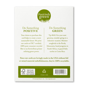 The back of the card includes the Positively Green logo, a green tip, and our promise to help create a more sustainable future. Each card is printed in the USA with FSC-certified, 100% post-consumer recycled fiber at an EnviroStars printer utilizing green power.