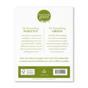 The back of the card includes the Positively Green logo, a green tip, and our promise to help create a more sustainable future. Each card is printed in the USA with FSC-certified, 100% post-consumer recycled fiber at an EnviroStars printer utilizing green power.