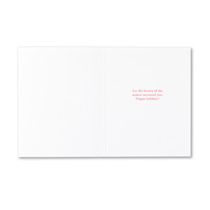 The inside of the card features a white background and copy that reads "Let the beauty of the season surround you. Happy holidays!"