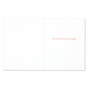 The inside of the card features a white background and copy that reads "Now and all the new year through."