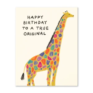 The card front features an illustration of a giraffe with bright colorful spots, and reads "Happy birthday to a true original". The card was illustrated by Jessica Phoenix.