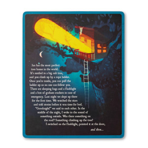 One of the storyelling cards from the the children's illustrated card set "Story Starters" written by  M.H. Clark. The card shows a tree house at night. There is a bright light coming from the tree house.