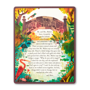 One of the storyelling cards from the the children's illustrated card set "Story Starters" written by  M.H. Clark. This card shows a beauitulf garden and pond. There is a bridge across the pond and a menagerie of animals in the garden.
