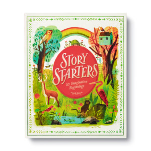 Front cover of the children's illustrated card set "Story Starters" written by  M.H. Clark. The cover image features a cream colored box with colorful illustrations of a rainbow, birds in trees, and animals by a pond.