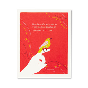 This image shows a thank you card with envelope. The card is illustrated by Jessica Phoenix and has a bird sitting on a person's finger on a red background with the quote, “How beautiful a day can be when kindness touches it!” -George Elliston