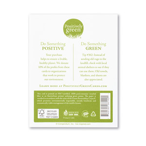 The back of the card includes the Positively Green logo, a green tip, and our promise to help create a more sustainable future. Each card is printed in the USA with FSC-certified, 100% post-consumer recycled fiber at an EnviroStars printer utilizing green power.