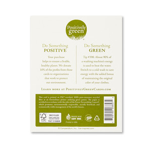 The back of the card includes the Positively Green logo, a green tip, and our promise to help create a more sustainable future. Each card is printed in the USA with FSC-certified, 100% post-consumer recycled fiber at an EnviroStars printer utilizing green power.
