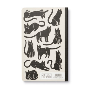 This image shows the back cover of the softcover notebook, a continuation of the image from the front with an illustration of a black cat in various poses on a beige background.
