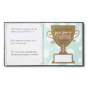 This image shows an inside spread from "I Wrote a Book About You".  The copy on the left side reads, "If I created a sandwich for you, here's what would be on it: [fill in the blank]. If I made you a t-shirt, this is what it would say: [fill in the blank]. If I had to sing a kaaoke song for you (and you alone), it would be: [fill in the blank]. The right side has a trophy design with the prompt: And if I could give you a trophy, it would be for [fill in the blank].