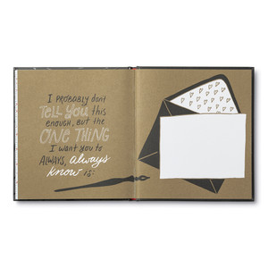 The image shows an illustration of a note card and envelope with a prompt and space to write. The copy reads, "I probably don't tell you this enough, but the one thing I want you to always, always know is: ______________."
