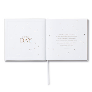 A sample page from the guest book. This page has a white and gold speckled background, with copy that reads, "On this day, we delight in everything we share--this friendship, this connection, this love that is big enough to hold all that we are and all that we will be. We celebrate the fact that we've found each other and that, through all of our complexity, what we have is still so simple and so right."