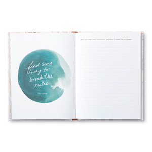 This image shows an inside spread from "An Inspired Life".  There's a quote on the left  side that reads, "...find some way to break the rules." -Nora Ephron.  There's a prompt at the top of the right page that reads, "Here are some rules, structures, and ideas I would like to change:" and lines to write your reflections follow.