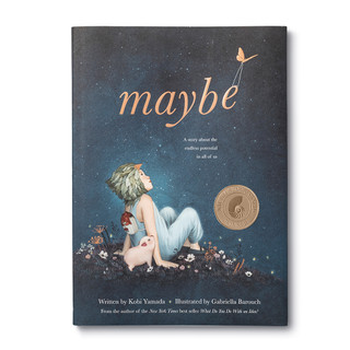 Front cover of the children's  book "Maybe" featuring a child and a pig looking up at the stars, with a dark blue background. 