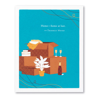 The front of this card has the picture of boxes, and a blue background with the title, “Home—home at last”