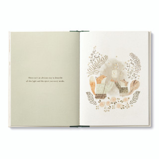 Inside pages, whimsical hardcover friendship book, "More Than a Little", hand drawn illustrations of woodland park animals, featuring a squirrel and fox catching fireflies