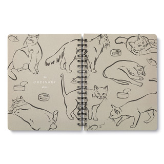 Inside pages, cat themed, black and cream colored spiral notebook, includes 3 breakout spreads, each with a unique design, this breakout spread features a cat throughout the day, with the statement "No ordinary days"