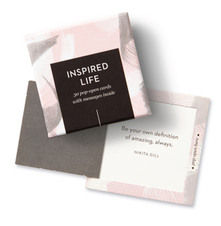 Top view of box and opened pop-open card, "Inspired Life", pink, grey, white, elegant design, 30 pop-open cards, each with a unique message inside, backside has space to write a note
