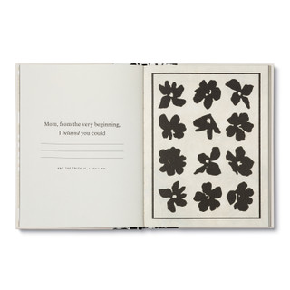 This page has a beige background on the left with a fill in the blank section, and a beige background on the right with the black silhouettes of flowers in even rows. 