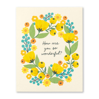  The front of this card has a floral border, and a beige background with the title, "How are you so wonderful?". 