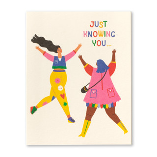 Front cover of the "Just knowing you…" card, featuring the title on the top and two people dancing on the bottom. 