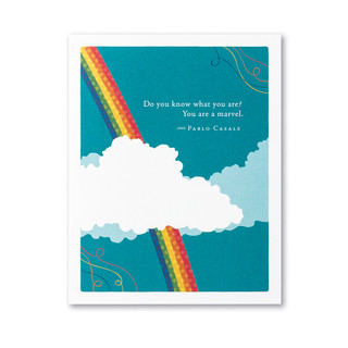 The front of this card has the picture of clouds and a rainbow, and a blue background with the title, “Do you know what you are? You are a marvel.”