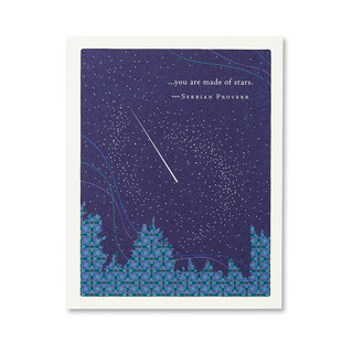 The front of this card has the picture of shooting stars, and a blue background with the title, “...you are made of stars”