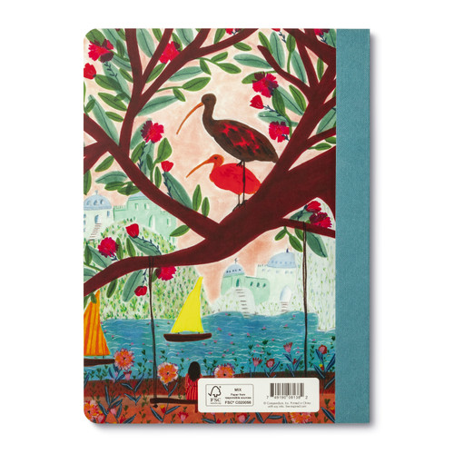 The back cover is the same as the front with the tree, the bird, and the ocean in the background. 