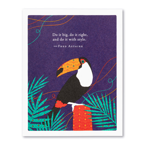 The front of this card has the picture of a tucan, and a dark purple background with the title, “Take your pleasure seriously.”