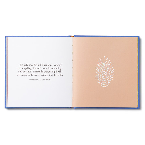 This page has a quote written on the left side, and the white outline of a leaf on the right. 