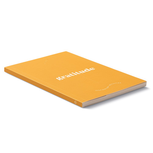 Side view, bright orange softcover, activity journal, "True Gratitude", a collection of exercises, prompts, vignettes, and quotes