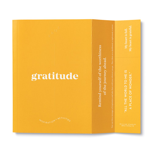 Extended cover feature, includes bookmark, bright orange softcover, activity journal, "True Gratitude", a collection of exercises, prompts, vignettes, and quotes