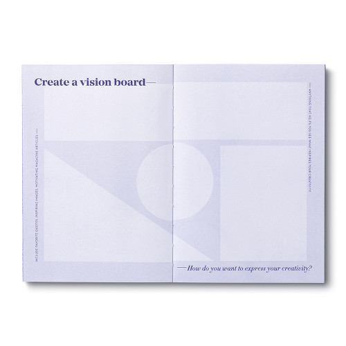 Inside pages, cobalt blue softcover, activity journal, "True Creativity," a collection of exercises, prompts, vignettes, and quotes