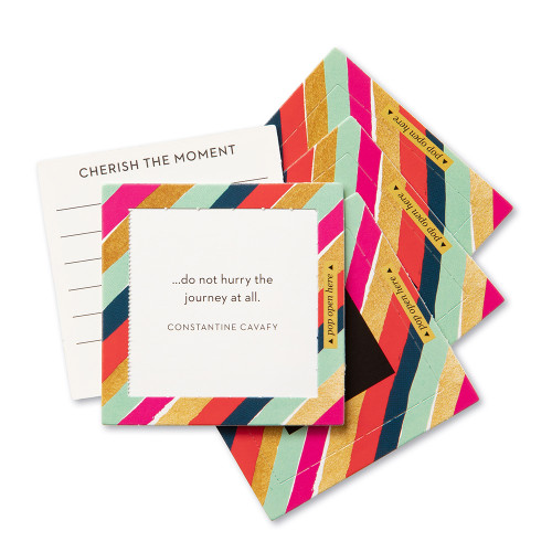 View of multiple pop-open cards, "Love Life", bright, colorful stripped design, 30 pop-open cards, each with a unique message inside, backside has space to write a note