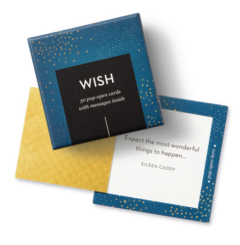 Top view of box and open pop-open card, "Wish", blue, gold, starry elegant design, 30 pop-open cards, each with a unique message inside, backside has space to write a note